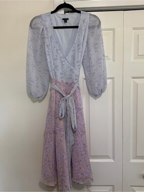 Ann Taylor Petite Full Wrap Purple Blue Floral Sheer Sleeve Dress Size 2P